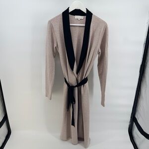 Fleur du Mal Contrast Knit Smoking Tan Robe with Black Accents Cozy